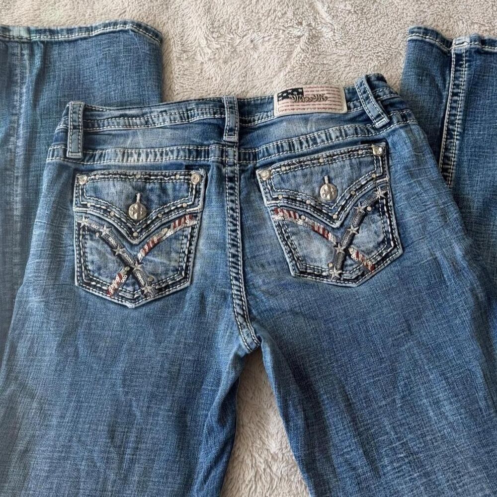 Miss Me Womens Low Rise Bootcut Jeans Size 29 Rhinestone Embroidered Pockets y2k